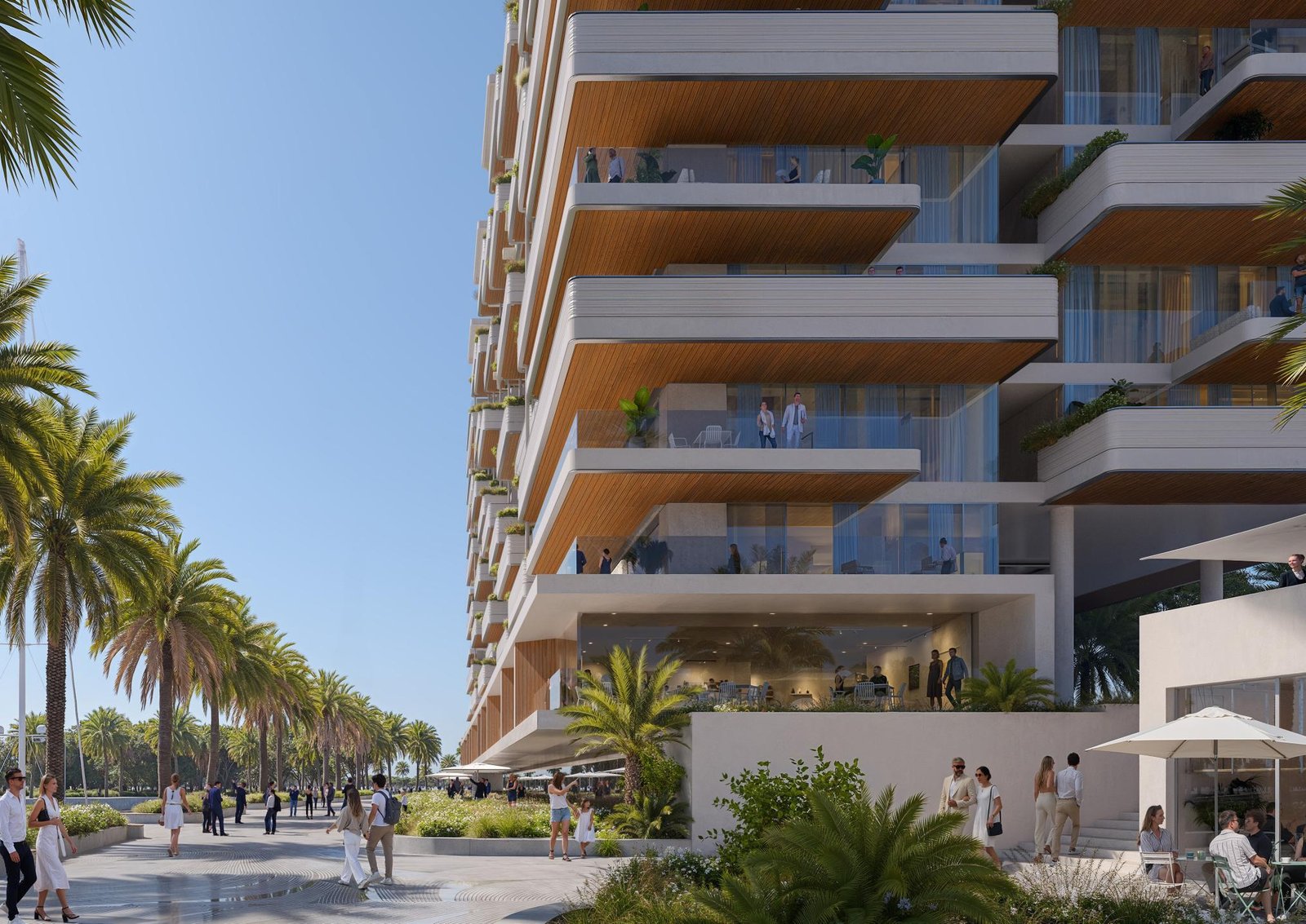 Elegant residential structures with expansive views of the water at Juman Al Raha Beach in Abu Dhabi